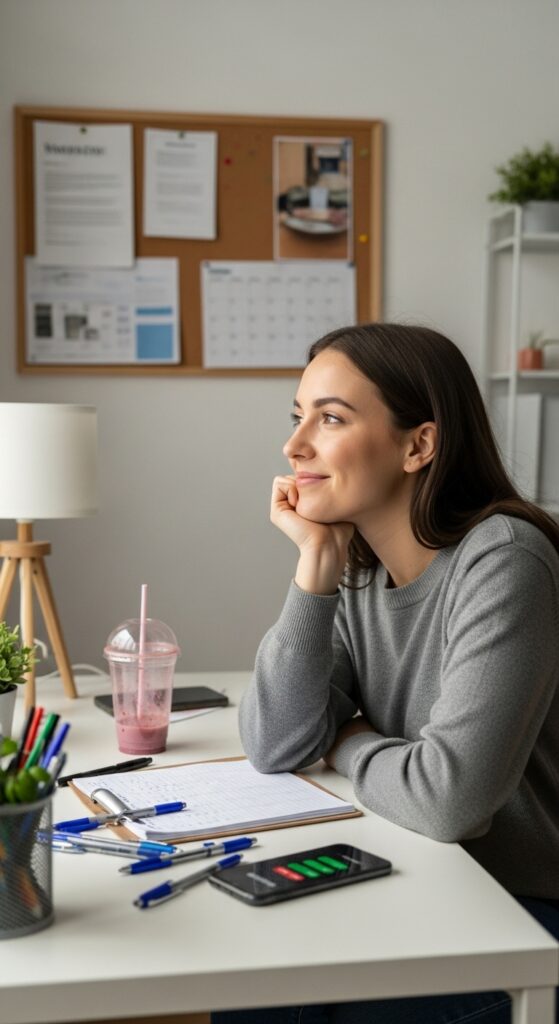 A real young woman sitting at a small home office desk with a completed daily planner in front of her. The desk has scattered pens, a half-drunk smoothie, and a phone with notifications visible. Behind her is a bulletin board with pinned papers and a calendar. She is gently smiling, resting her chin on her hand, looking out the window as if appreciating the real progress she made. Distant perspective, showing the whole room and the quiet mood of acceptance and self-kindness.