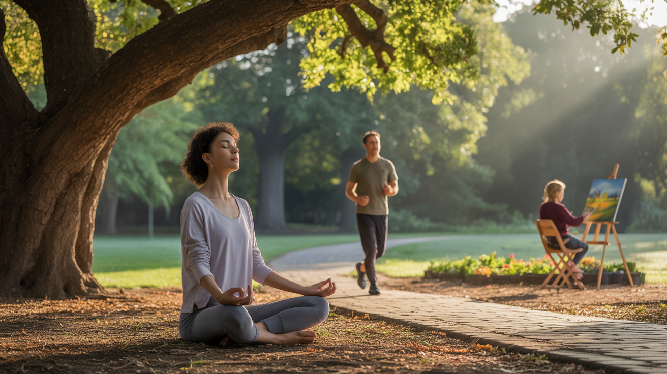 A realistic wide-view scene showing different people engaging in various self-care activities outdoors in a peaceful park setting. One person is meditating on a yoga mat under a tree. Another person is jogging on a winding path. A third person is reading a book while sitting on a bench. In the background, someone is painting on a canvas on an easel. Another person is tending a small garden plot. The atmosphere is calm and natural, with warm morning sunlight filtering through the trees. There are no words, labels, or text anywhere in the image.